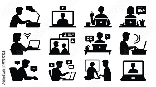 Silhouettes of professionals working remotely on laptops in various settings including office home and outdoor environments with communication and technology elements