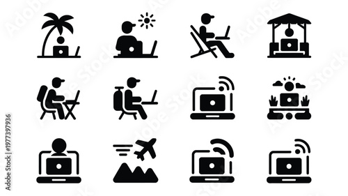 Digital nomad lifestyle icons depicting remote work travel and connectivity in a minimalist black and white style for modern tech and business