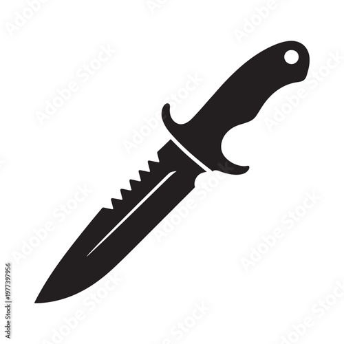 A black silhouette illustration of a combat knife with a serrated blade