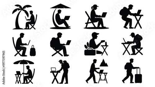 Set of 12 digital icons showing travelers working remotely on laptops in various outdoor settings black silhouettes minimalist design