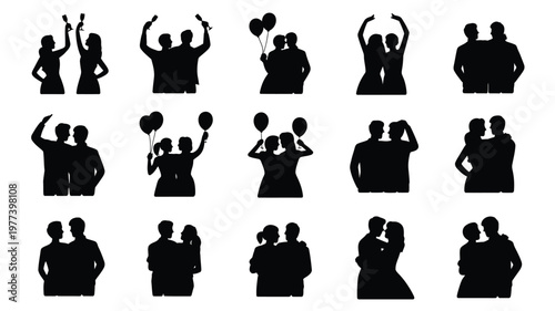 Silhouettes of couples and groups joyfully interacting in a clean vector icon set featuring embraces celebrations and togetherness