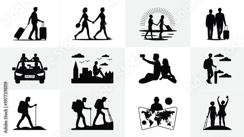 Vector illustrations of travel adventure and exploration featuring silhouettes of people in various activities with a minimalist style