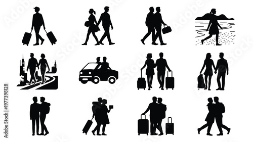 Silhouetted travelers carrying luggage and backpacks walking driving or relaxing by the beach in minimalist vector icons