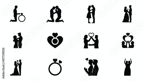Romantic silhouette icons depicting couples in love proposals weddings and engagement rings minimalist design black and white vector illustrations