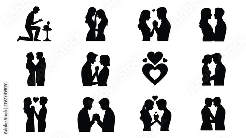 Collection of 12 black silhouettes featuring couples in romantic poses including embracing kissing and proposing set against a clean white background