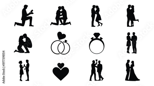 Silhouette collection of romantic couples embracing and proposing with engagement rings and hearts vector icons for love and wedding themes