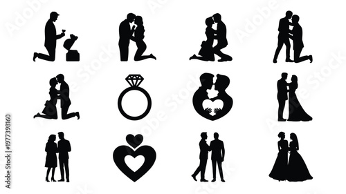 Silhouettes of couples in romantic poses including proposals embraces and weddings isolated on white background