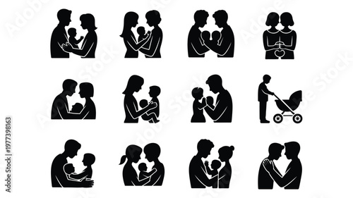 Silhouette collection of families couples and parents with children in loving embraces showcasing bonding togetherness and affection in minimalist design style