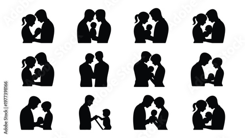 Silhouettes of couples embracing in romantic poses vector illustration set with love and affection themes minimalist black design intimate moments perfect for valentine's day