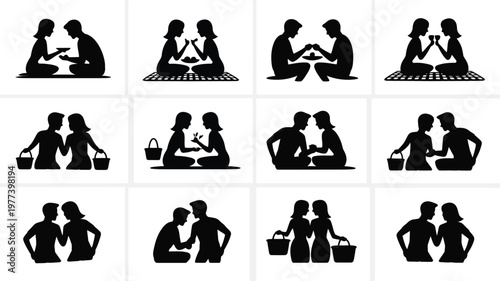 Black and white silhouettes of 12 couples interacting in romantic playful and affectionate poses ideal for love relationship and connection concepts
