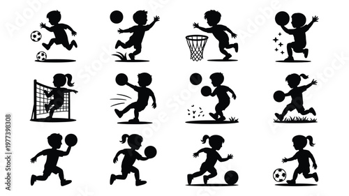 Silhouettes of children playing various sports including soccer basketball and running on a clean white background minimalist design