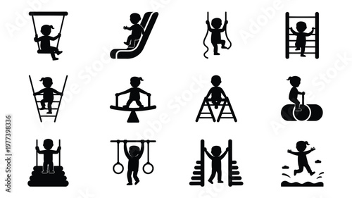Children playing on swings slides ladders and other playground equipment in minimalist vector illustration style