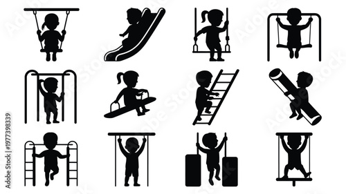 Children playing on swings slides and ladders in a clean vector illustration set featuring silhouettes