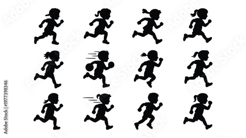 Dynamic silhouettes of 12 runners in motion showcasing energy and athleticism in a clean minimalist vector design perfect for fitness and sports themes