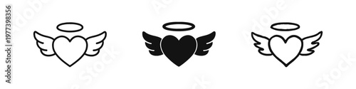 Angel Heart with Wings and Halo Icon Set - Romance Symbols in Outline, Solid, and Hand-Drawn Styles