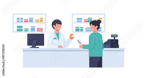Pharmacist and customer interaction.