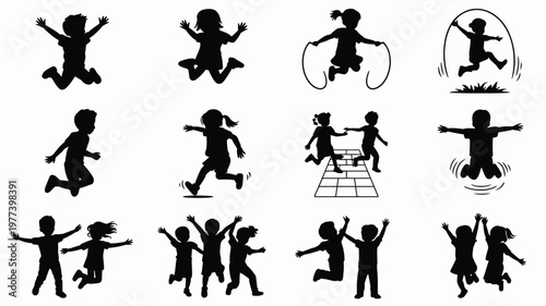 Children playing outdoors in various activities silhouette vector illustrations of kids jumping skipping rope playing games on grid running and balancing on one leg conveying joy