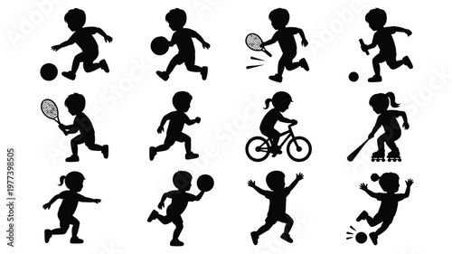 Silhouettes of children playing sports including tennis baseball soccer basketball and cycling on a clean white background