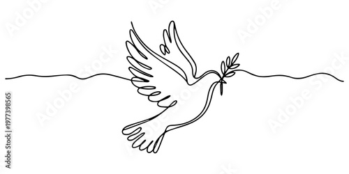 Continuous one line drawing of a flying dove bird with an olive branch, symbolizing peace, freedom, minimalist vector art design, minimalist dove line art holding olive branch symbolizing peace style.