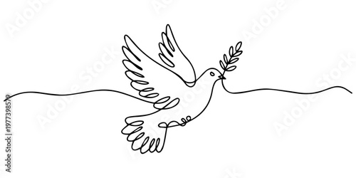 Continuous one line drawing of a flying dove bird with an olive branch, symbolizing peace, freedom, minimalist vector art design, minimalist dove line art holding olive branch symbolizing peace style.