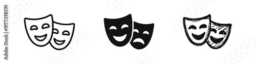 Theater Comedy and Tragedy Masks Icon Set - Drama and Performance Symbols in Outline, Solid, and Sketch Styles
