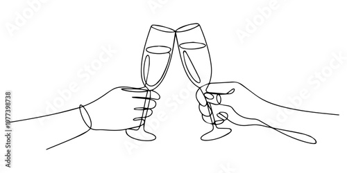 Hand drawn hands hold wine clinking glasses.one line vector illustration with out background, Continuous line champagne cheers one line art, continuous drawing contour. Hands toasting with wine glass.