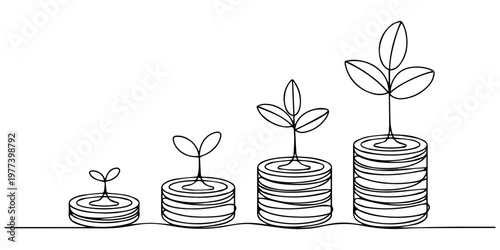 tep of coins stacks continuous one line drawing, Continuous One Line Drawing of Growing Stack of Coins with Sprout Finance and Investment Growth, Stacks of coins with plant sprouts on continuous line.