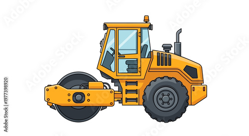 Yellow Road Roller Illustration with Detailed Wheels and Cabin Design