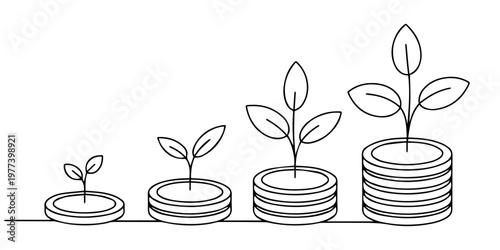 tep of coins stacks continuous one line drawing, Continuous One Line Drawing of Growing Stack of Coins with Sprout Finance and Investment Growth, Stacks of coins with plant sprouts on continuous line.