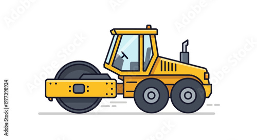 Yellow and Black Road Roller Illustration with Detailed Design and Features