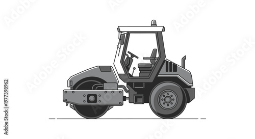Vector Illustration of a Gray Road Roller Compactor Machine, Side View.