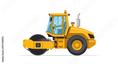 Yellow Road Roller Compactor with Detailed Design and Features, Side View.