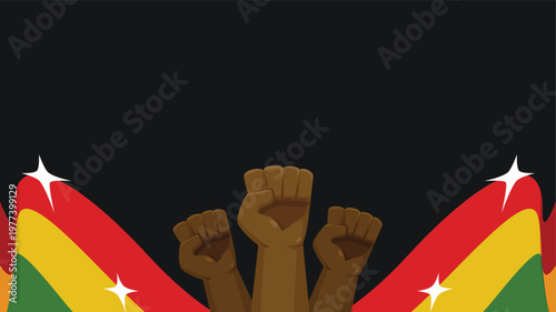 Black horizontal background with copy space for text featuring three raised fists and wavy red, yellow, and green flag