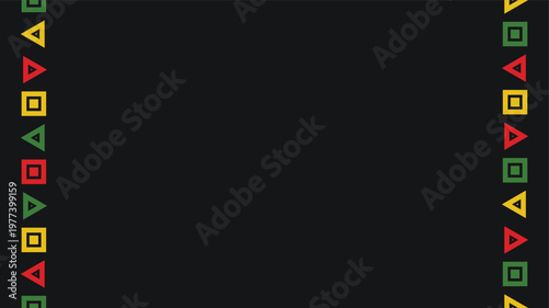 Juneteenth themed black background with colorful geometric shapes both sides.