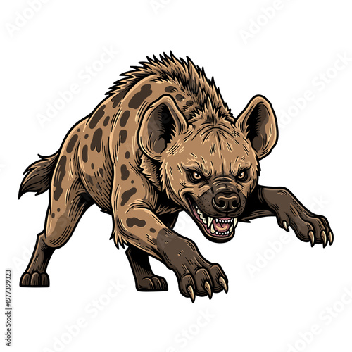 An angry hyena with brown spots crouches low, baring its teeth in a threatening pose.