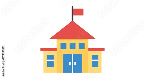 School Building With Flag.