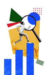 Vertical photo collage of happy girl employee run colorful chart success development magnifier glass zoom isolated on painted background