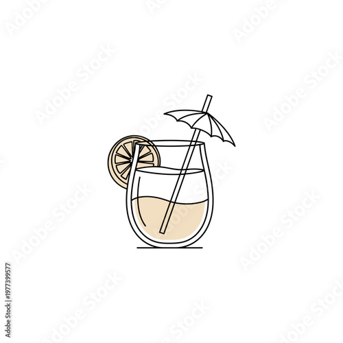 Refreshing cocktail in glass with lemon slice and umbrella decoration  