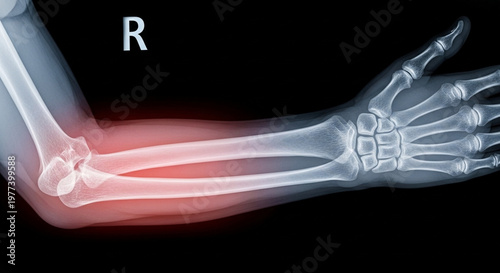 Fotografie X-ray image of a right forearm and wrist showing bone alignment and structure