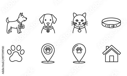 Whimsical icons featuring pets, pet accessories, and pet-related locations Vector