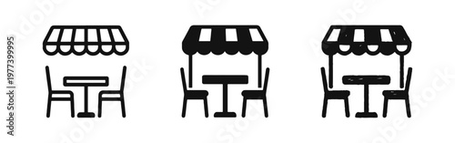 Outdoor Cafe Table and Chairs Icon Set with Awning, Outline, Solid, and Doodle Styles, Terrace Vector Graphics