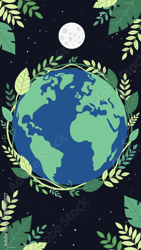 Planet Earth Encircled by a Green Leaf Wreath with Full Moon in a Starry Night Sky Flat Vector Illustration