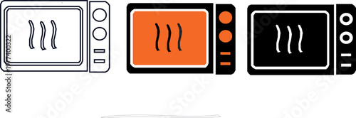 Microwave flat simple vector icons illustration set. Silhouette Orange and black and outline black variation set on white background.