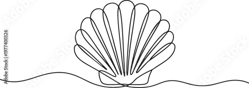 Continuous line drawing of scallop shellfish. Hand drawn One line of shell. One line draw graphic design vector