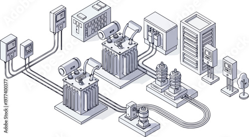 Isometric Electrical Substation Line Art Illustration with Transformers and Power Grid Infrastructure