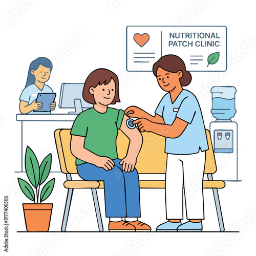 Nurse applying patch to patient arm in clinic.