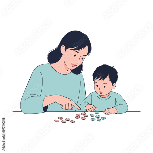 Mother and child playing with colorful counting beads.