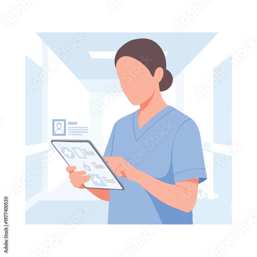 Nurse Using Digital Tablet in Modern Hospital Corridor.