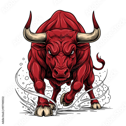 A powerful red bull charging forward with determination and aggression, ready to attack.