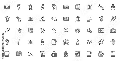 Literature icon set. Vector illustration pack featuring classic characters and symbols like Sherlock Holmes, Romeo and Juliet, Quill, Book, Knight, and more. Editable stroke.